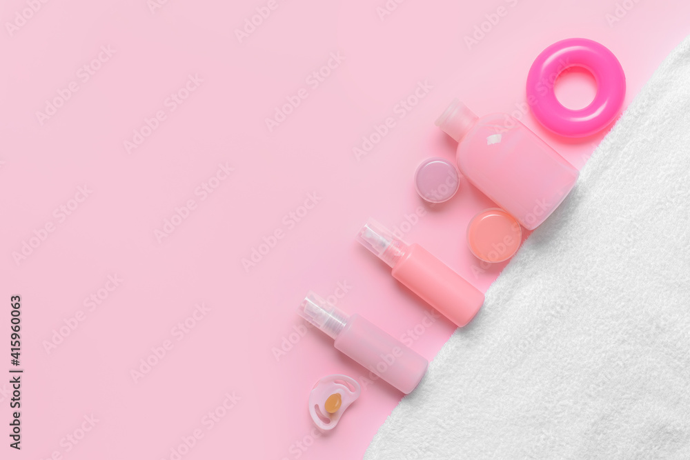 Set of bath accessories for baby on color background