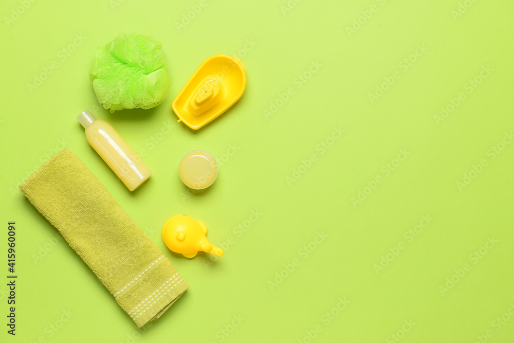 Bath accessories for baby on color background