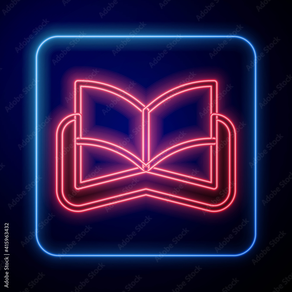 Glowing neon Ancient magic book with alchemy recipes and mystic spells and enchantments icon isolate