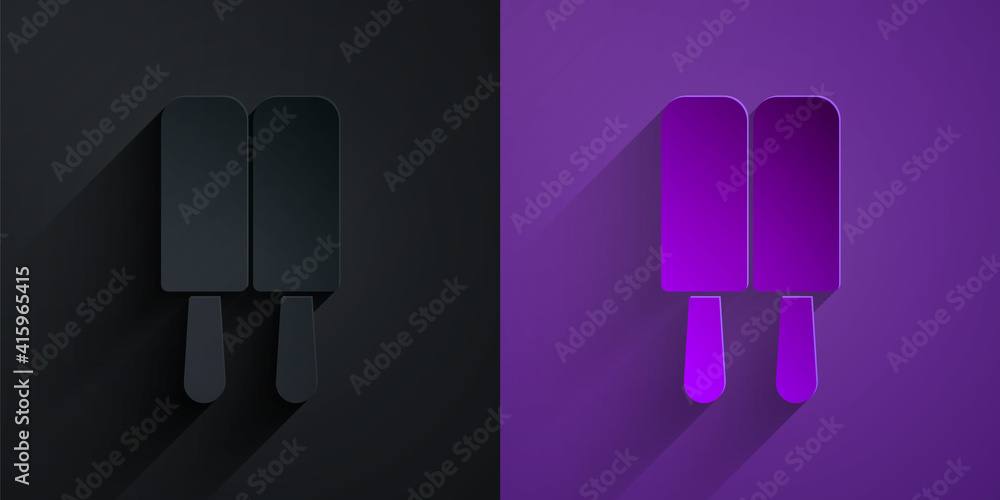 Paper cut Ice cream on stick icon isolated on black on purple background. Sweet symbol. Paper art st