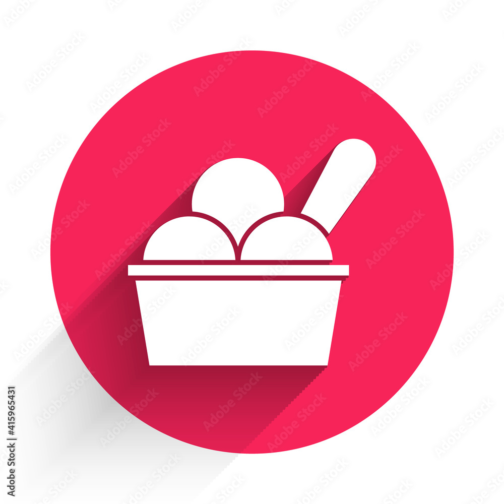 White Ice cream in the bowl icon isolated with long shadow. Sweet symbol. Red circle button. Vector.