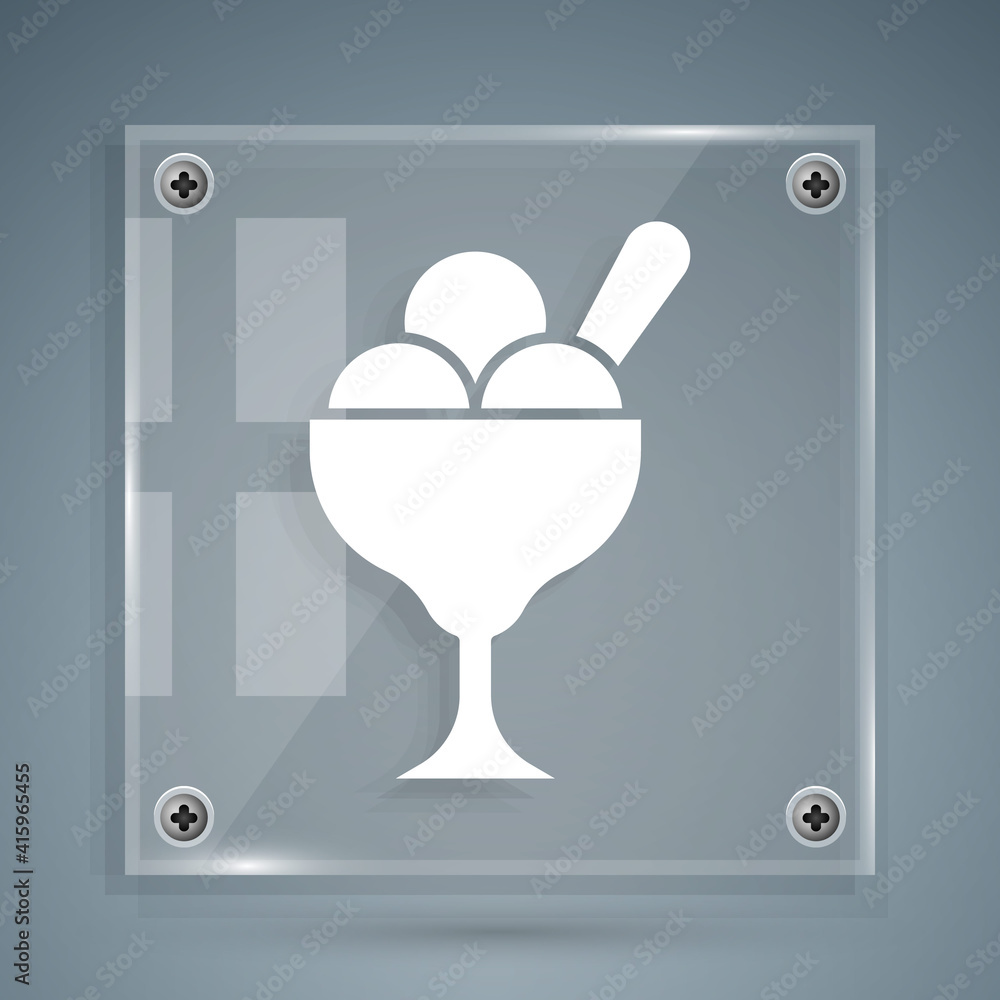 White Ice cream in the bowl icon isolated on grey background. Sweet symbol. Square glass panels. Vec