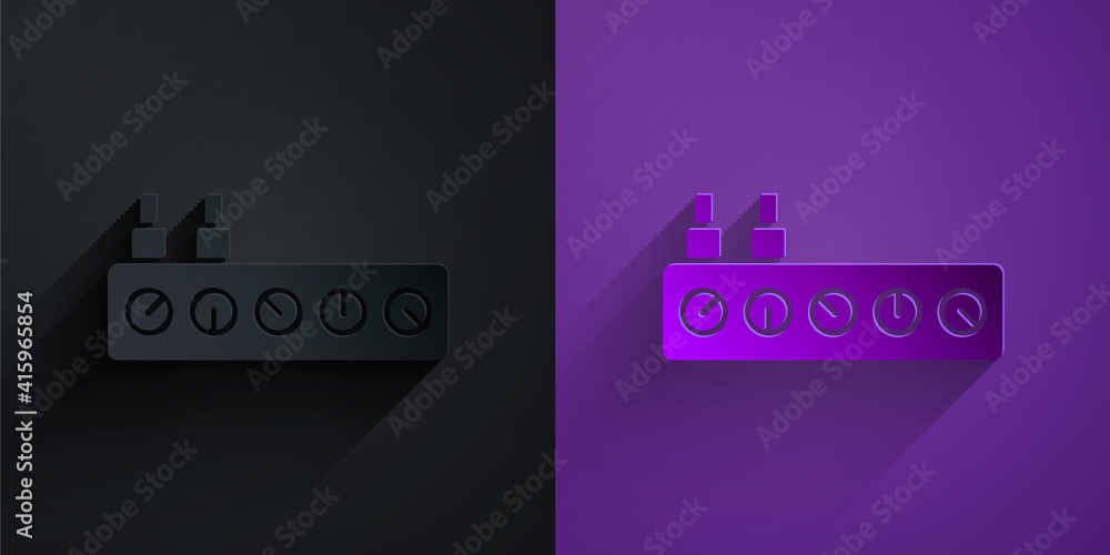 Paper cut Sound mixer controller icon isolated on black on purple background. Dj equipment slider bu