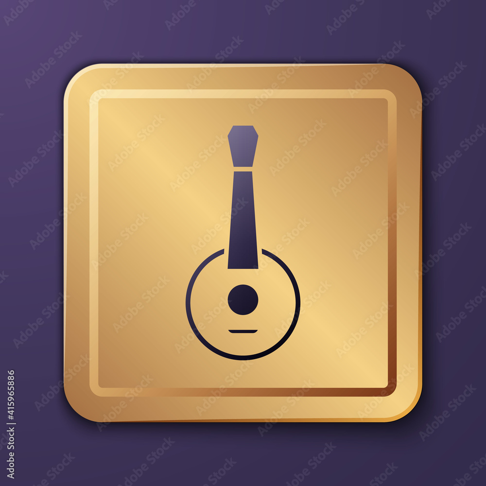 Purple Banjo icon isolated on purple background. Musical instrument. Gold square button. Vector.