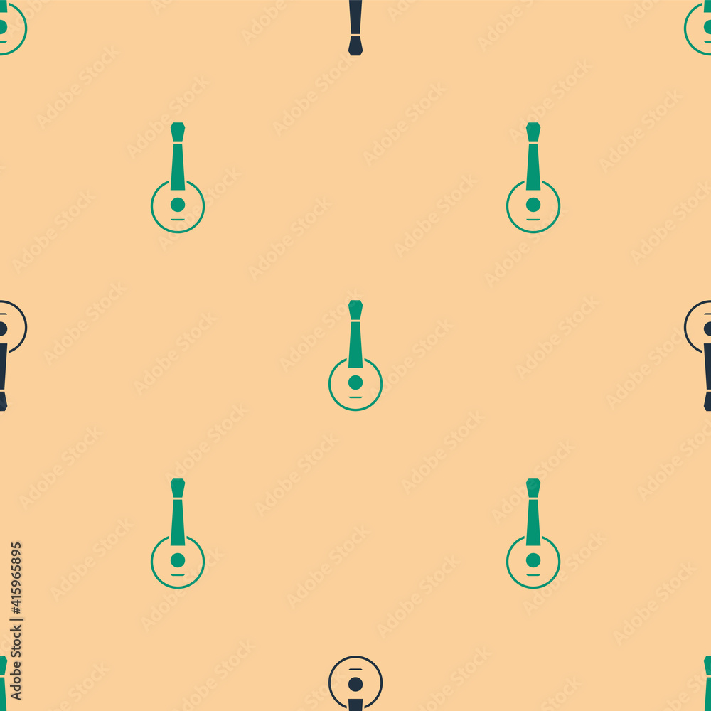 Green and black Banjo icon isolated seamless pattern on beige background. Musical instrument. Vector