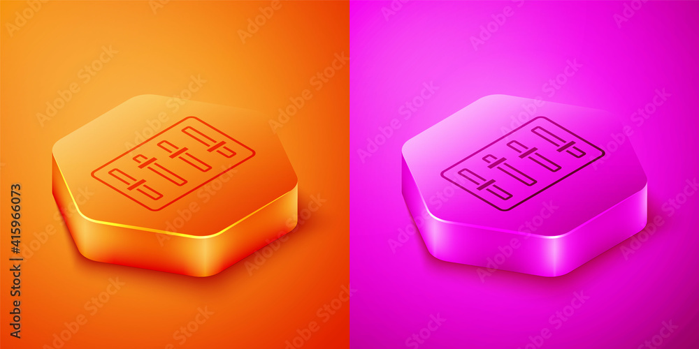 Isometric Sound mixer controller icon isolated on orange and pink background. Dj equipment slider bu