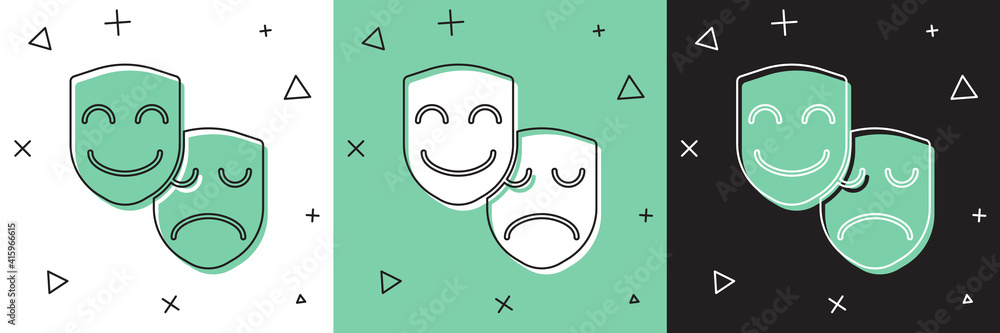 Set Comedy and tragedy theatrical masks icon isolated on white and green, black background. Vector.