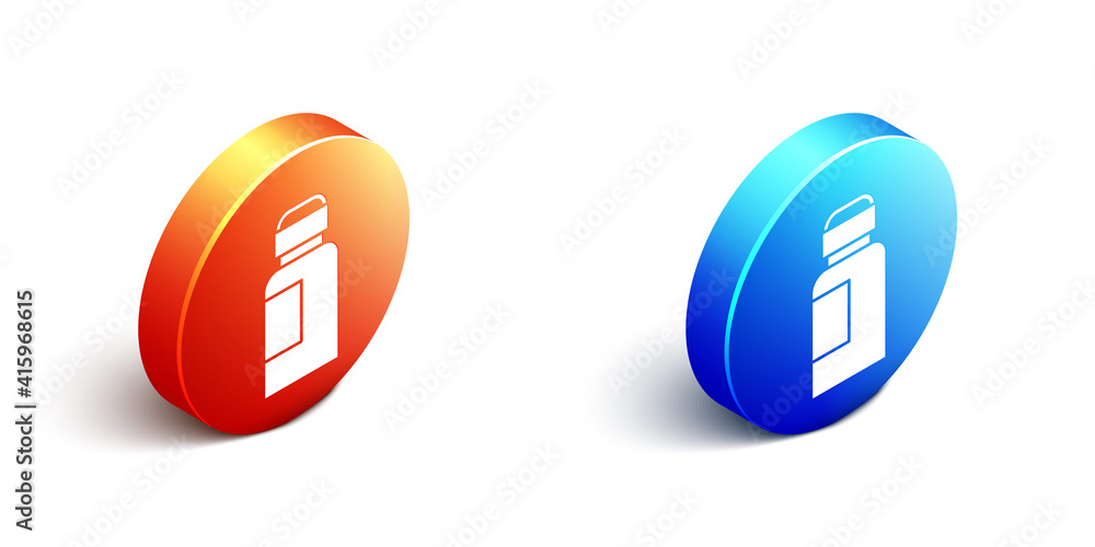 Isometric Paint, gouache, jar, dye icon isolated on white background. Orange and blue circle button.