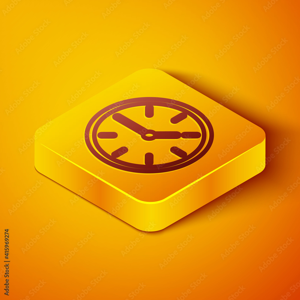 Isometric line Clock icon isolated on orange background. Time symbol. Yellow square button. Vector I