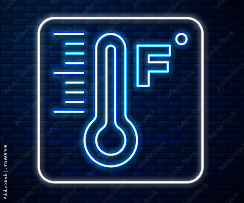 Glowing neon line Meteorology thermometer measuring heat and cold icon isolated on brick wall backgr