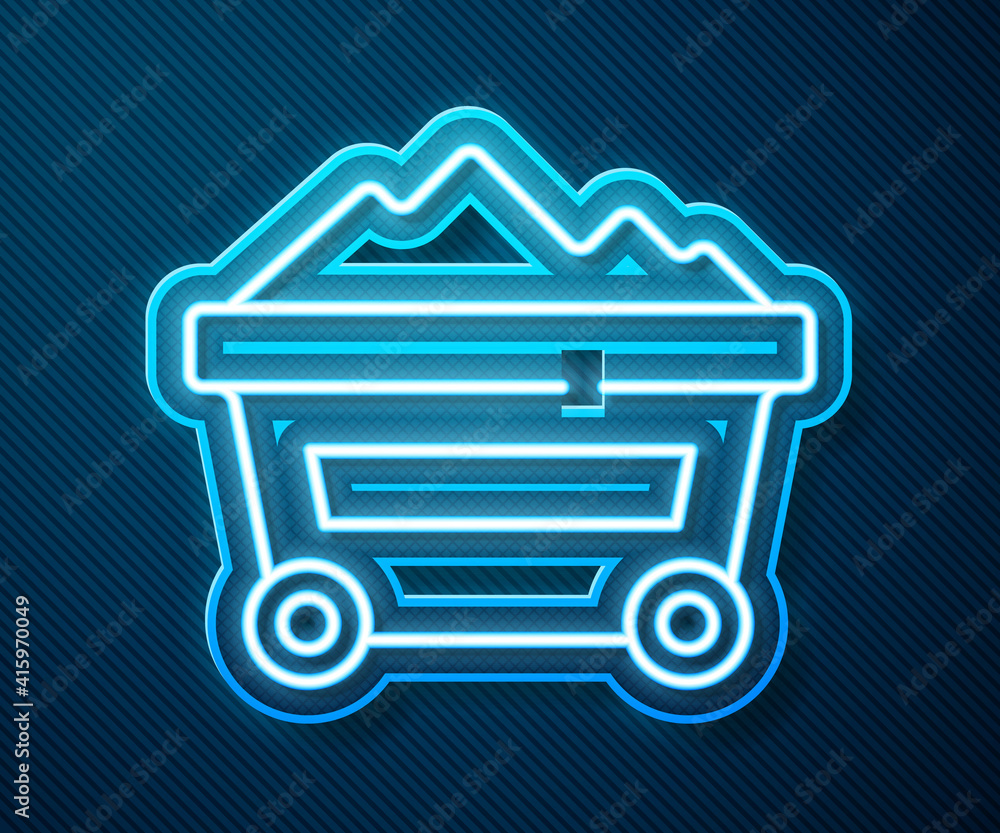 Glowing neon line Coal mine trolley icon isolated on blue background. Factory coal mine trolley. Vec