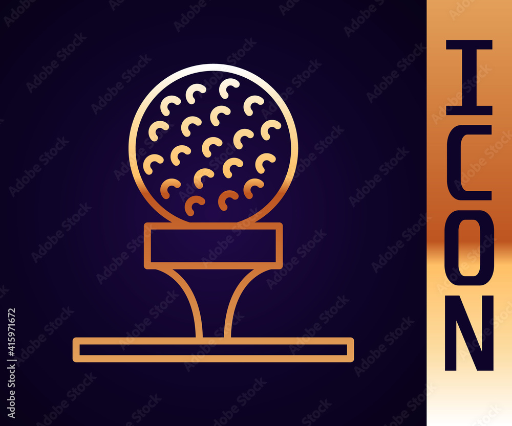 Gold line Golf ball on tee icon isolated on black background. Vector.