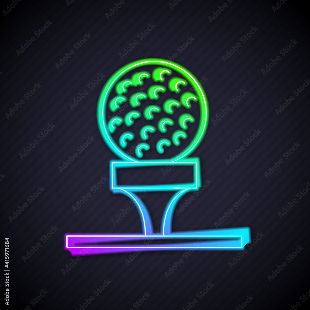 Glowing neon line Golf ball on tee icon isolated on black background. Vector.