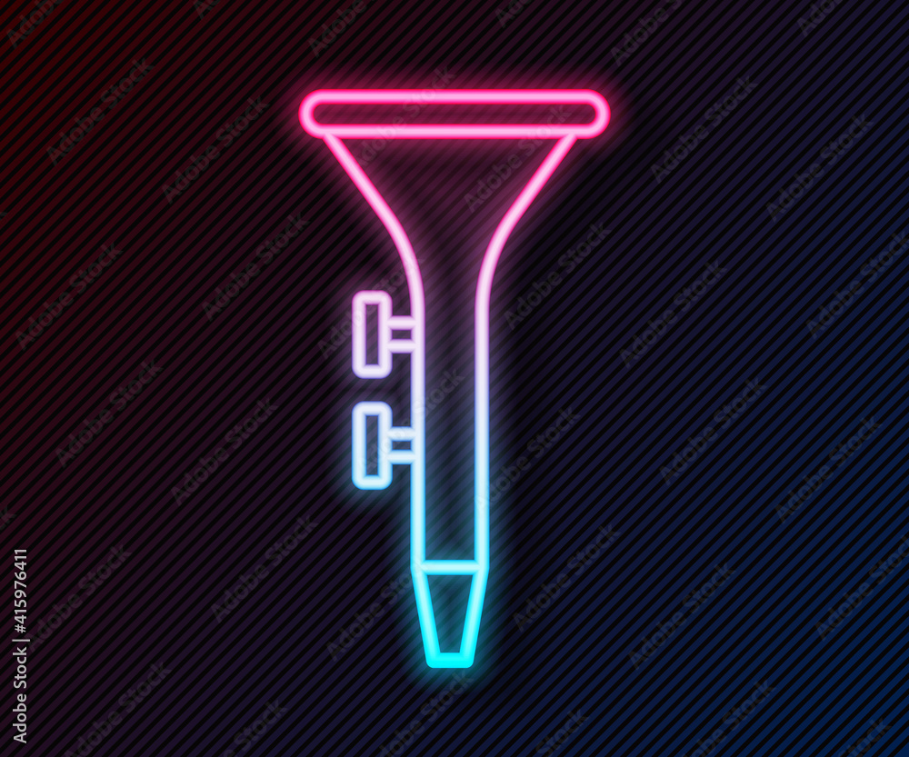 Glowing neon line Musical instrument drum and drum sticks icon isolated on black background. Vector.