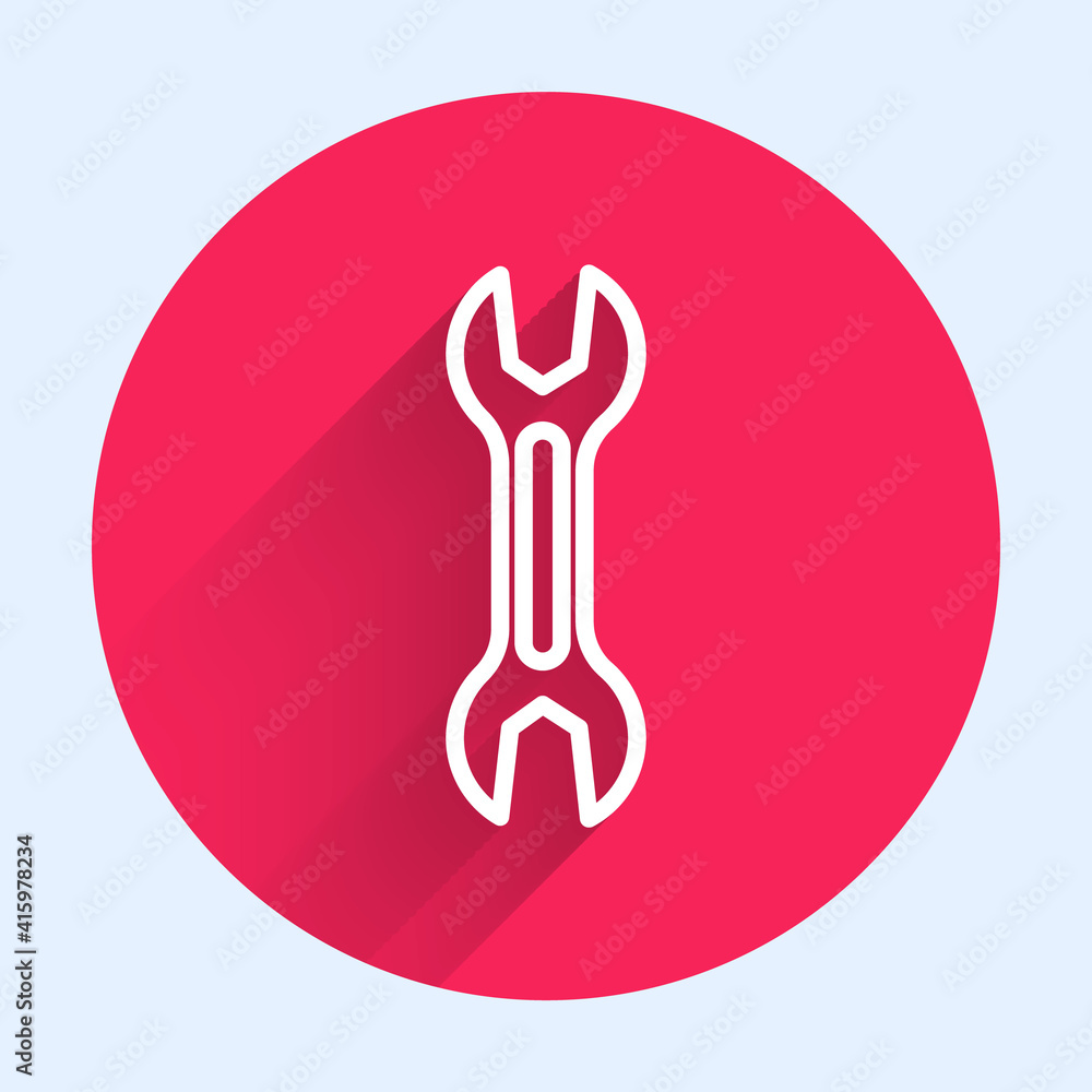 White line Wrench spanner icon isolated with long shadow. Red circle button. Vector.