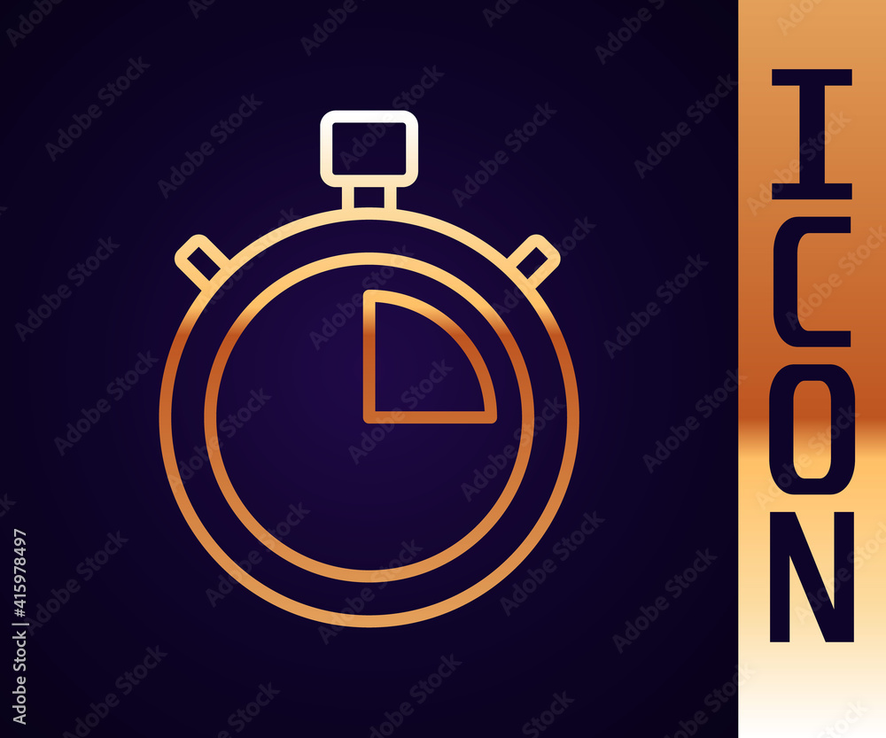 Gold line Stopwatch icon isolated on black background. Time timer sign. Chronometer sign. Vector.