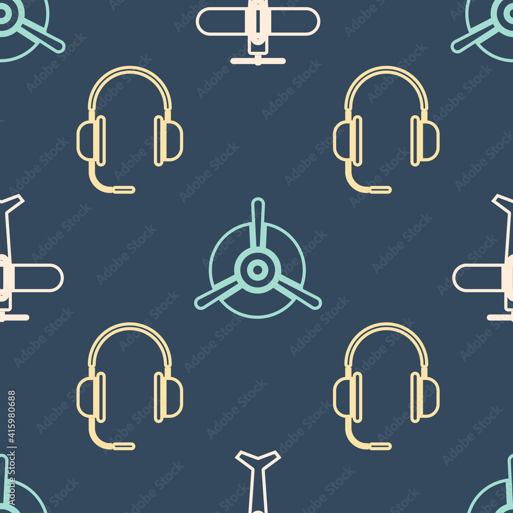 Set Isometric Plane, Headphones with microphone and Plane propeller icon. Vector.