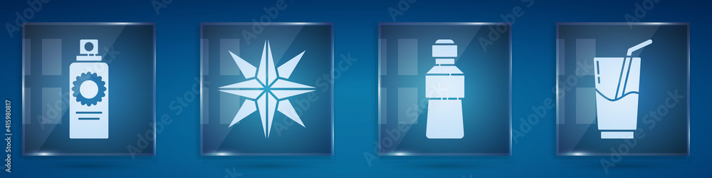 Set Sunscreen spray bottle, Wind rose, Bottle of water and Cocktail and alcohol drink. Square glass 