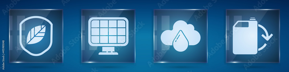 带叶片的防护罩、太阳能面板、带雨水的云和环保燃料罐。方形玻璃面板