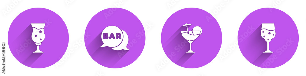 Set Glass of beer, Street signboard with Bar, Cocktail and champagne icon with long shadow. Vector.