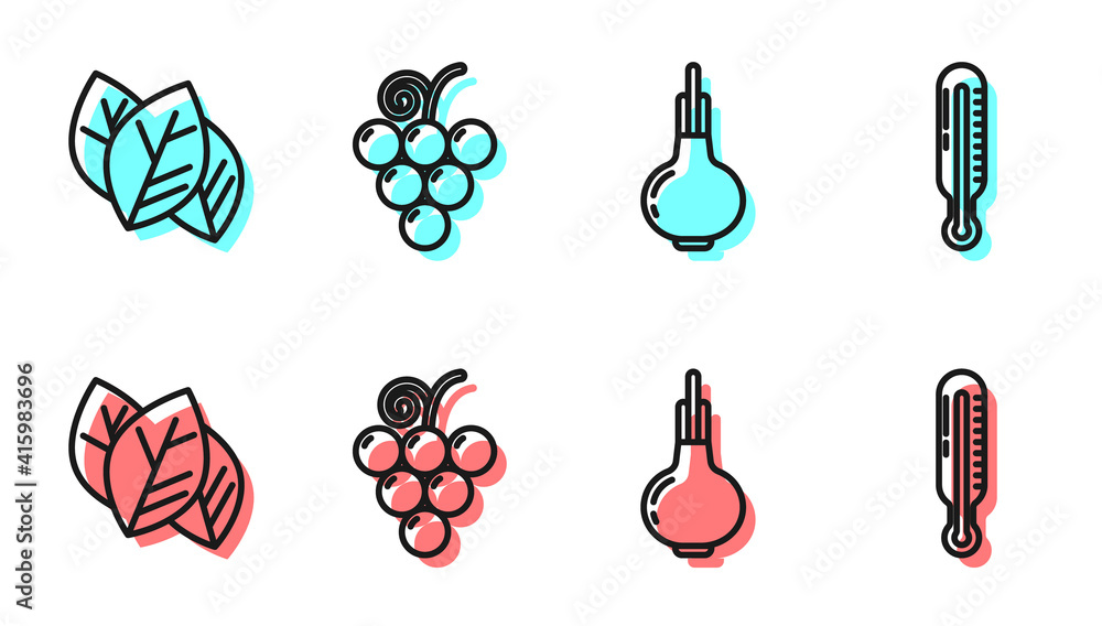 Set line Onion, Leaf or leaves, Grape fruit and Meteorology thermometer icon. Vector.