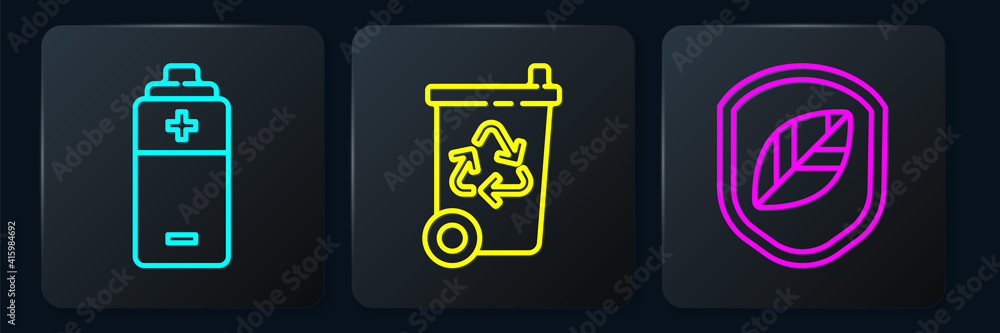 Set line Battery, Shield with leaf and Recycle bin with recycle. Black square button. Vector.