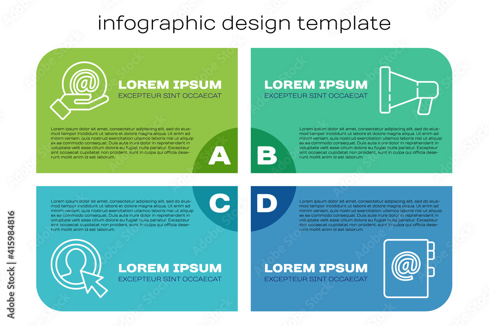 Set line Create account screen, Mail and e-mail in hand, Address book and Megaphone. Business infogr