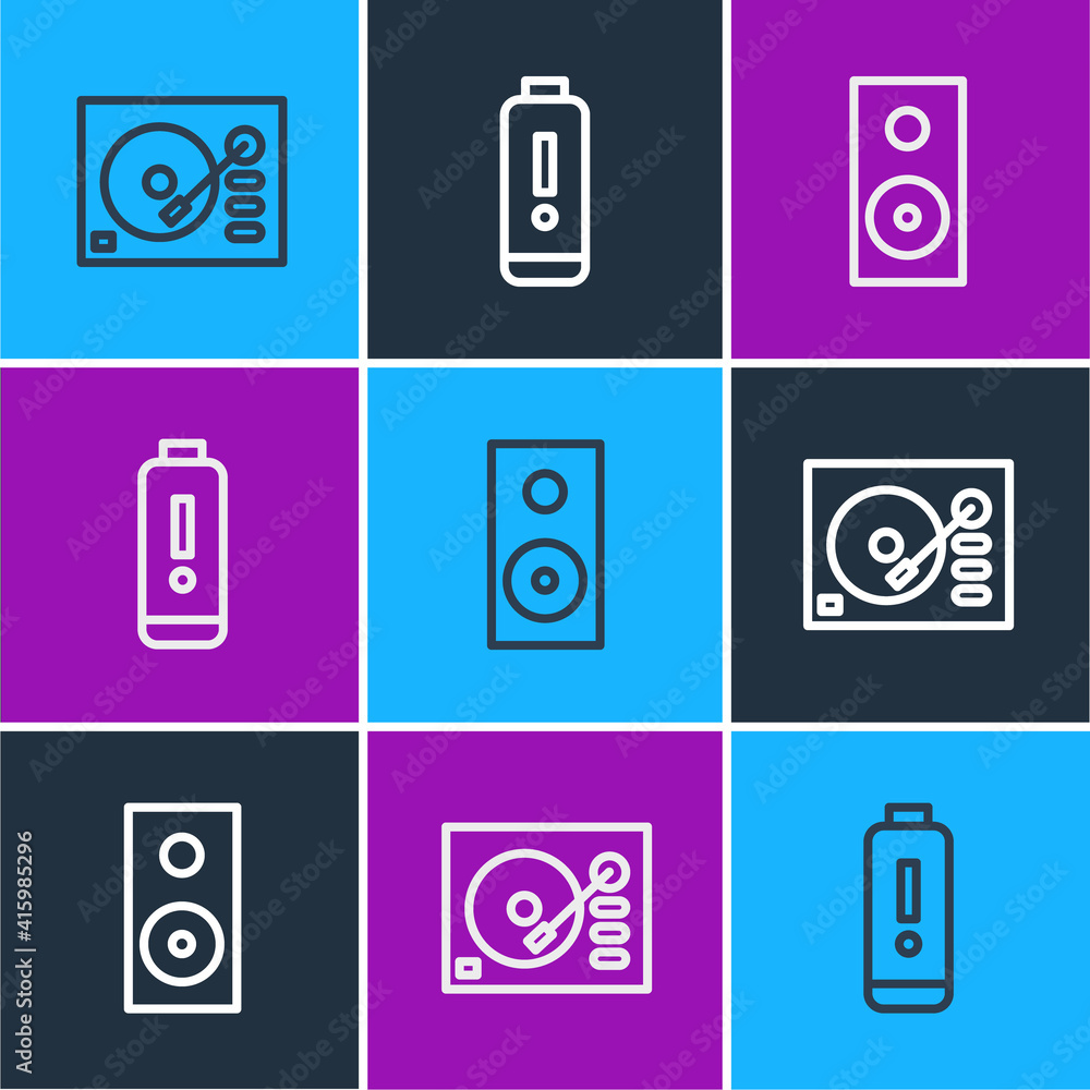 Set line Vinyl player, Stereo speaker and Battery charge level indicator icon. Vector.