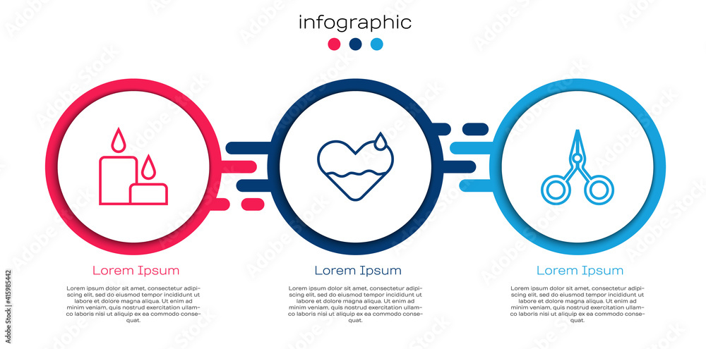 Set line Burning candle, Heart heal and Scissors. Business infographic template. Vector.