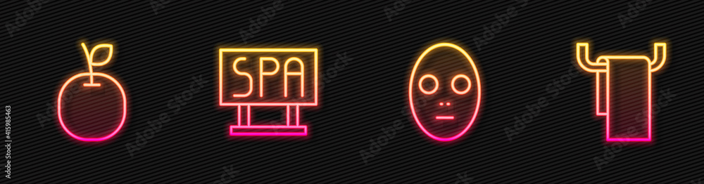 Set line Facial cosmetic mask, Apple, Spa salon signboard and Towel hanger. Glowing neon icon. Vecto