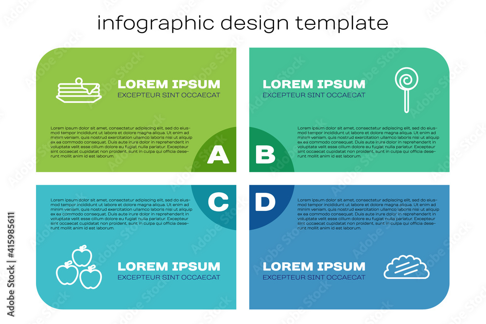 Set line Apple, Stack of pancakes, Taco with tortilla and Lollipop. Business infographic template. V