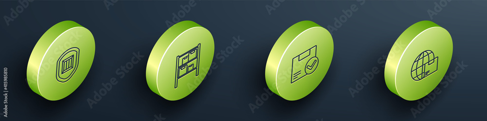 Set Isometric Delivery security with shield, Warehouse, Package box check mark and Worldwide shippin