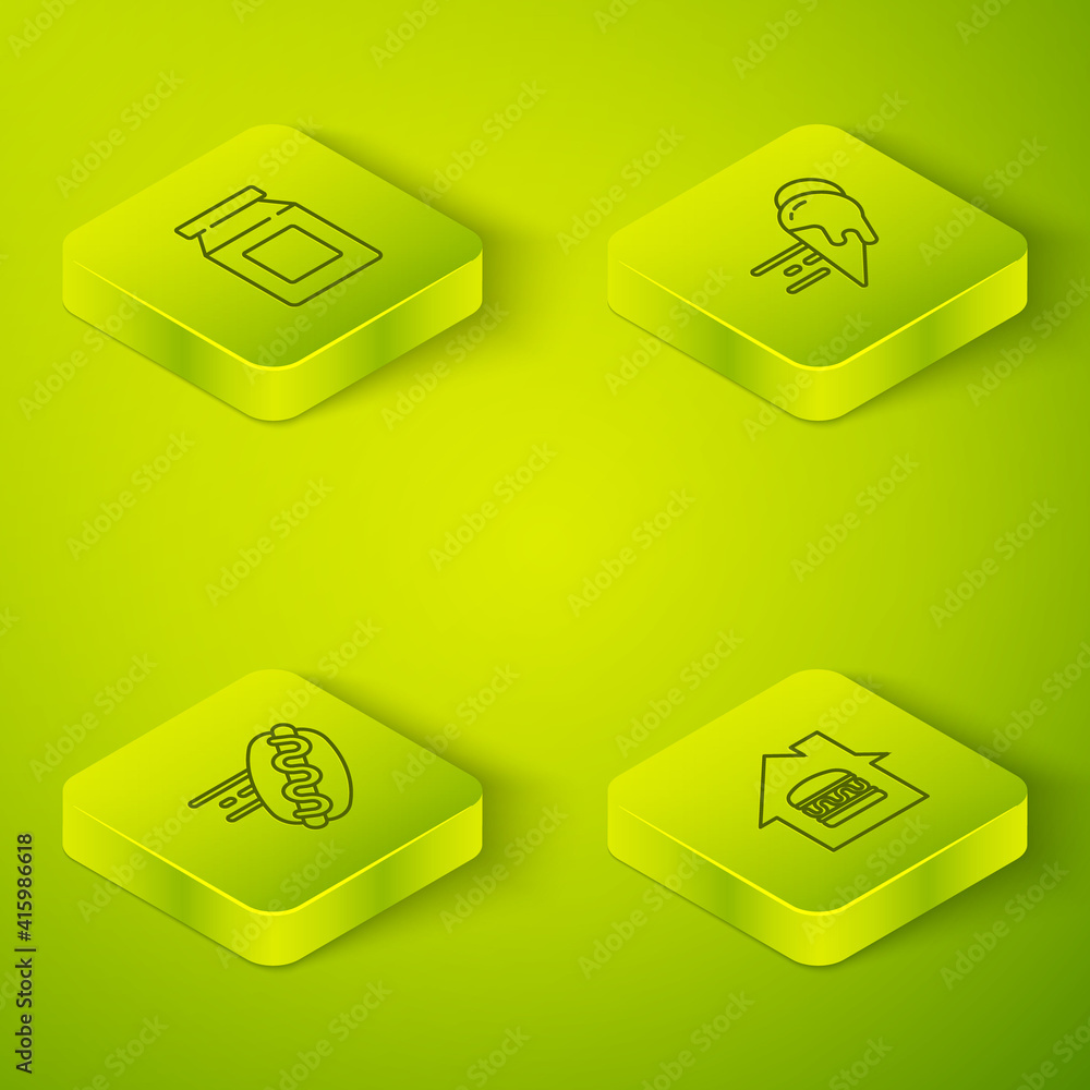 Set Isometric Online订购冰淇淋、热狗、送货和图标。Vector。