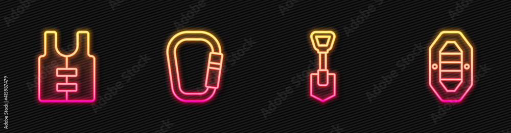 Set line Shovel, Life jacket, Carabiner and Rafting boat. Glowing neon icon. Vector.