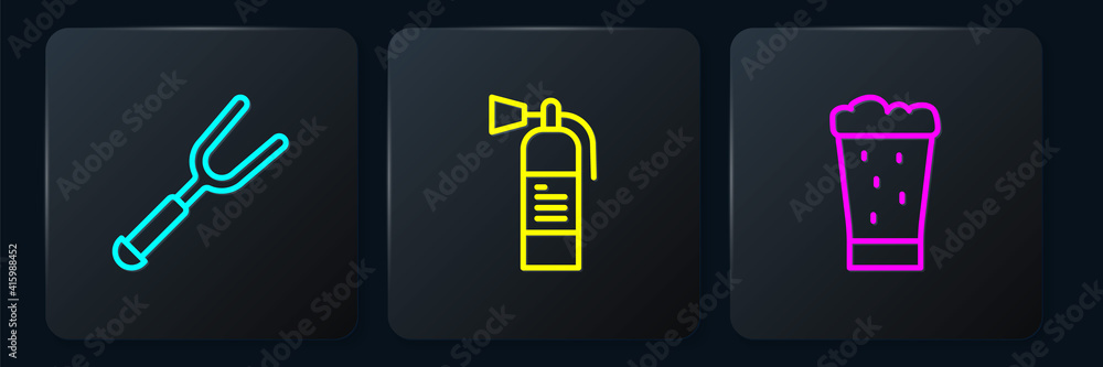 Set line Barbecue fork, Glass of beer and Fire extinguisher. Black square button. Vector.