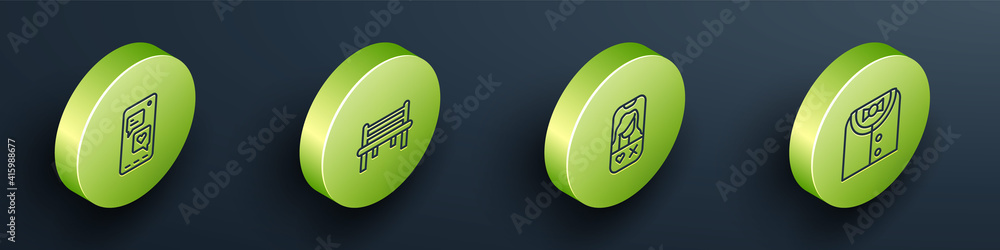 Set Isometric line Mobile with heart, Romantic bench, Dating app online and Suit icon. Vector.