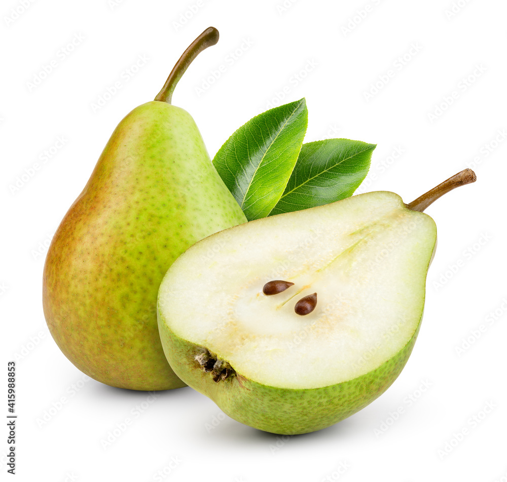 Pears isolated. One and a half green pear fruit with leaf on white background. Pear slice. With clip