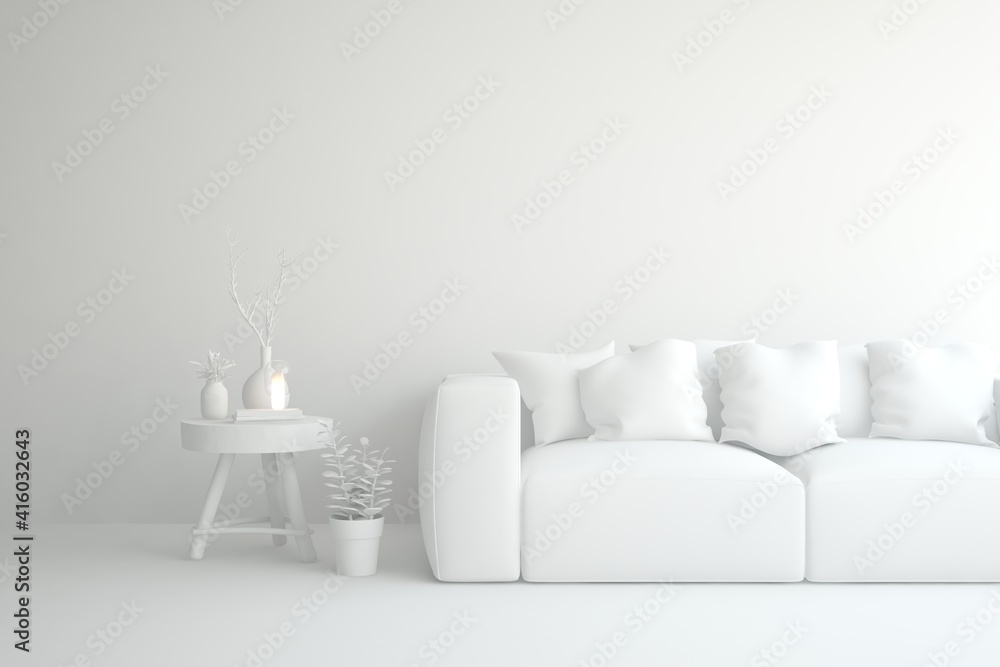 White minimalist living room with sofa. Scandinavian interior design. 3D illustration