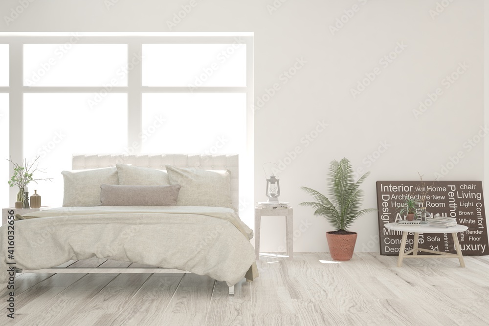 White bedroom interior. Scandinavian design. 3D illustration