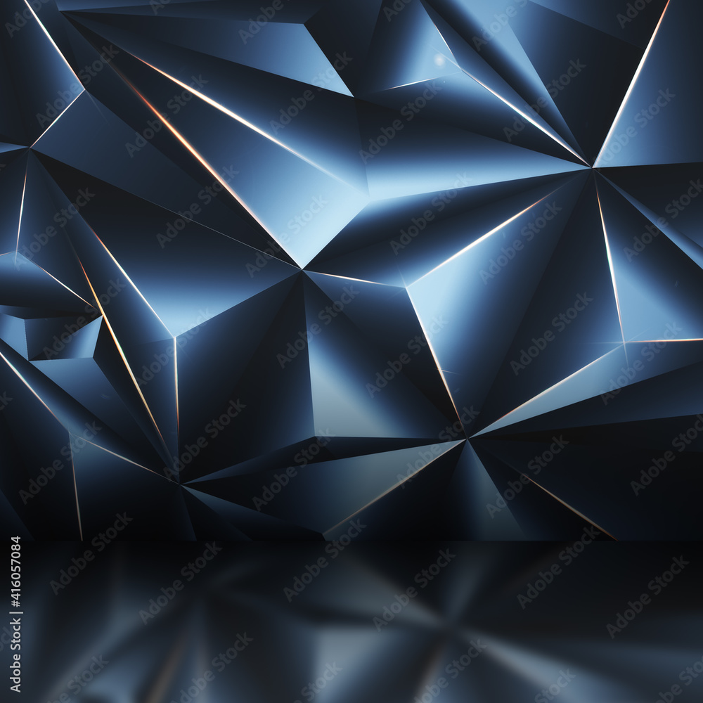 Abstract graphic background with dark crystal polygonal elements and glowing lines