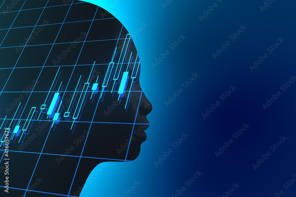 Business data analysis concept with robot silhouette at blue background and financial chart inside. 