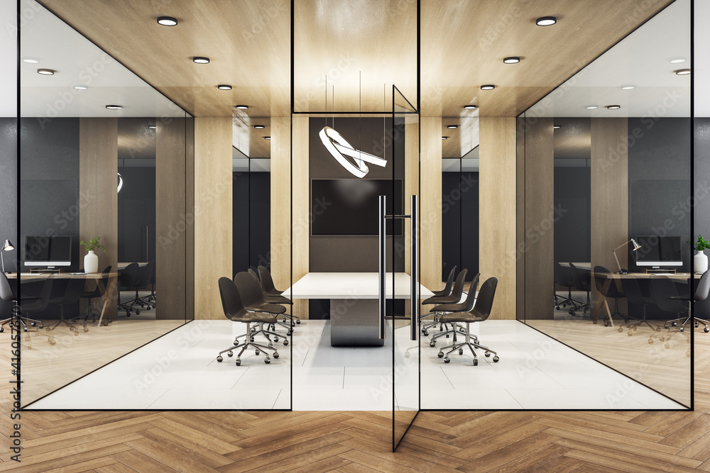 Front view on entrance to a meeting room with glass walls, black screen above light table