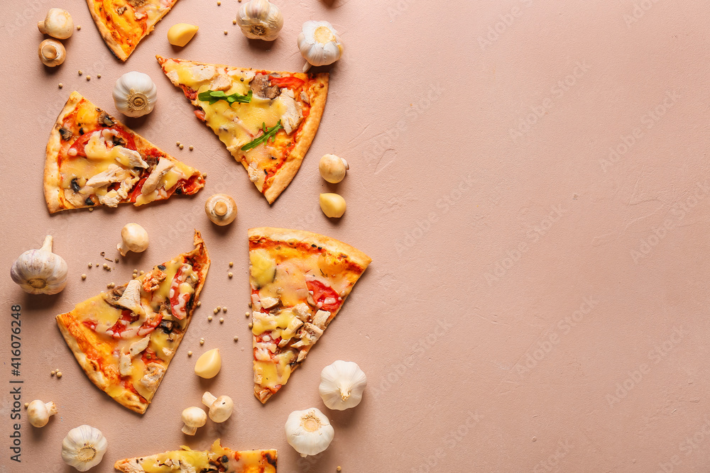 Slices of tasty pizza on color background