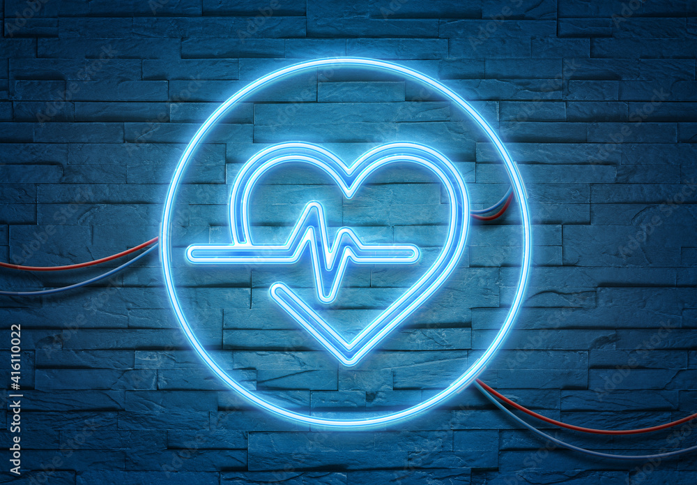 Heartbeat neon icon illuminating a brick wall with blue glowing light 3D rendering