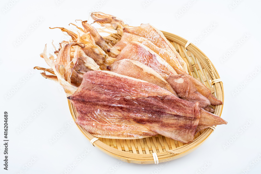 Light dried squid on white background