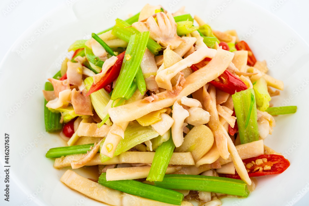 Chinese home cooking, a dish of dried squid with celery