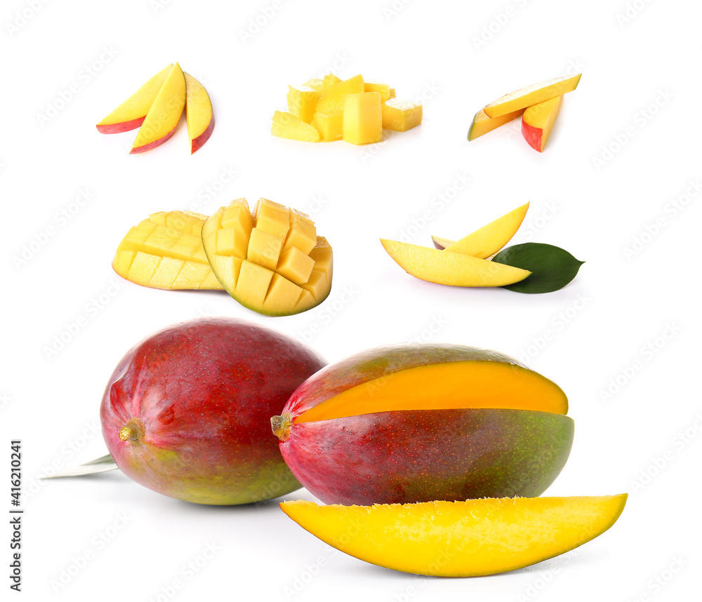 Set of sweet ripe mangoes on white background