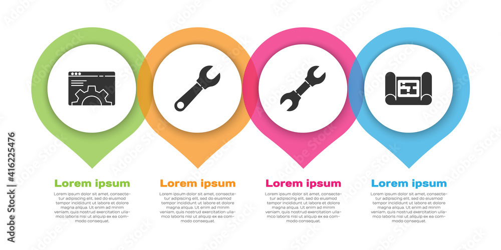 Set Browser setting, Wrench spanner, Wrench spanner and House plan. Business infographic template. V