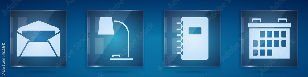 套装信封、台灯、螺旋笔记本和日历。方形玻璃面板。矢量。