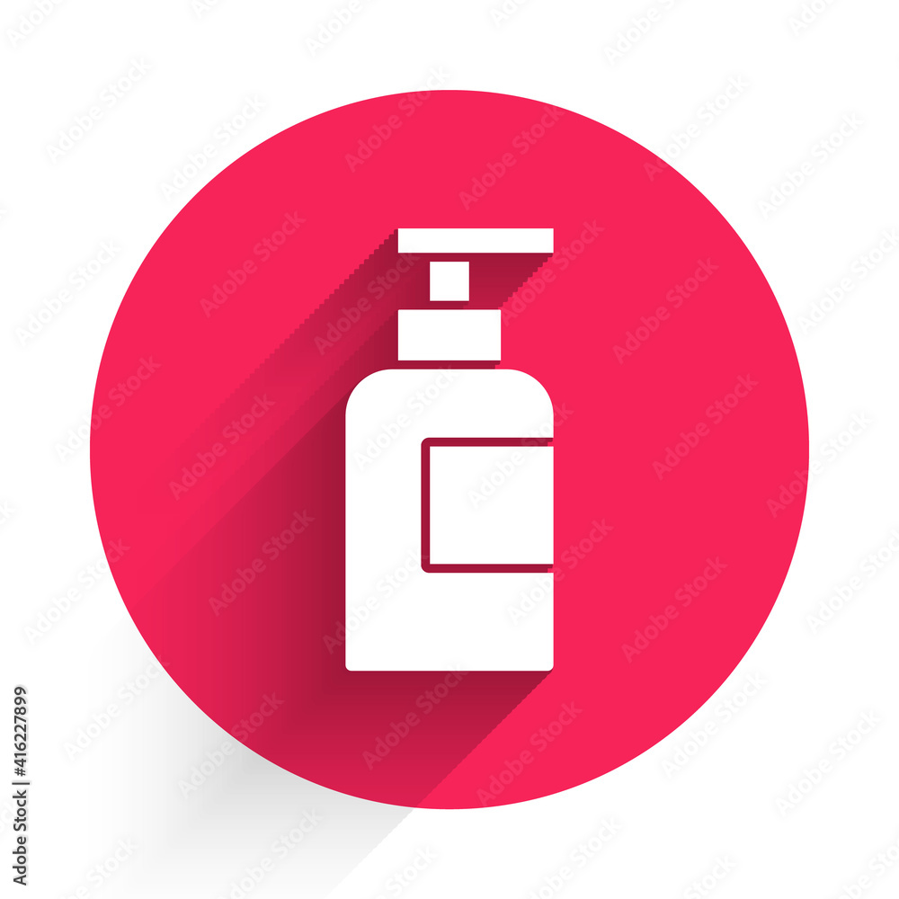 White Bottle of shampoo icon isolated with long shadow. Red circle button. Vector.